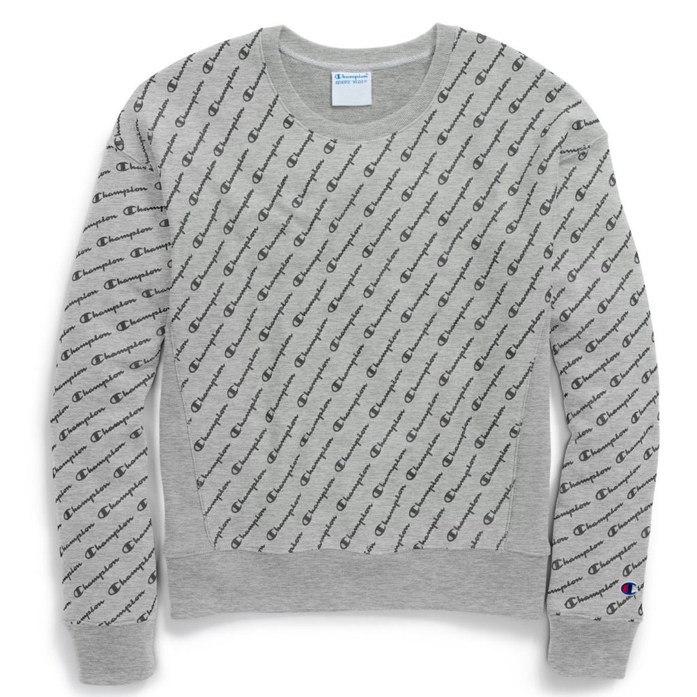 Champion Gray  Reverse Weave Crew with All Over Logo